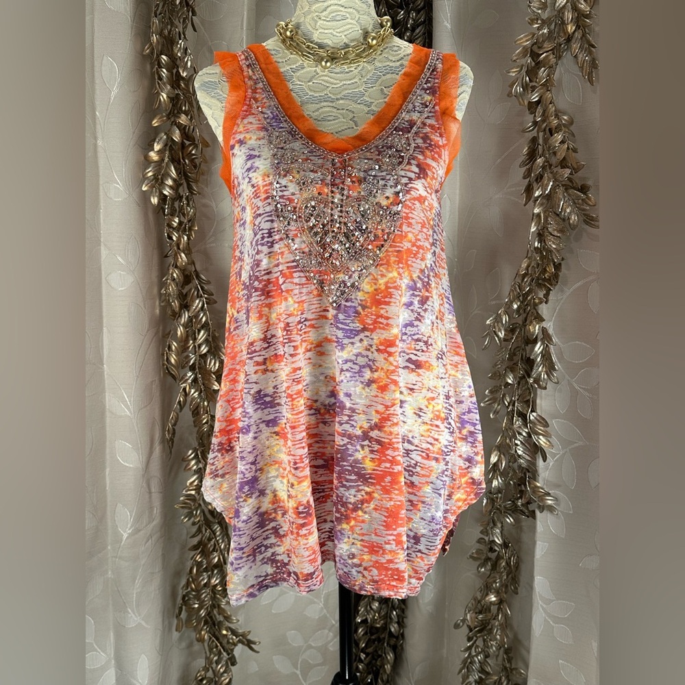 Faith Boho Beaded Sleeveless‎ Tunic Top Medium Orange Purple Tie Dye